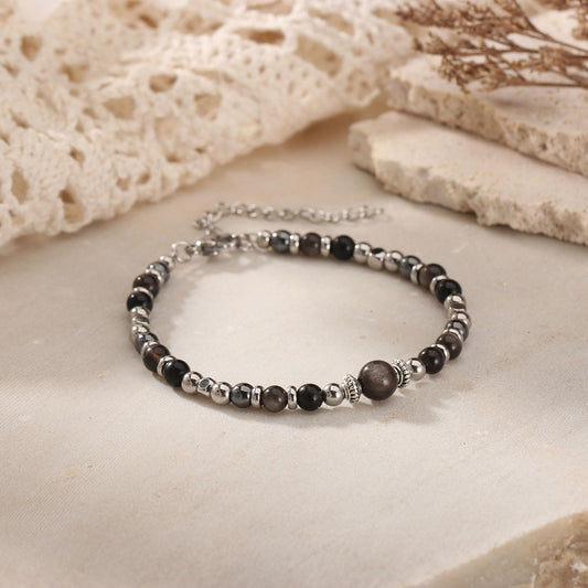 Triple Protection Bracelet for Women, Hematite Black Tourmaline Obsidian Bracelets Natural Healing Stone Empath Protection Bracelets for Women, Energy Healing Crystals Luck Wish Bracelet -(TP)