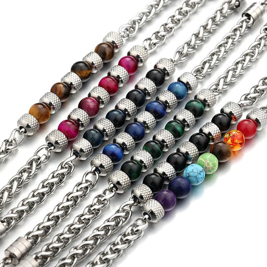 LIU JUN 7 Chakra Bracelet For Men, 8MM Natural Stone Pineapple Beads Stainless Steel Adjustable Silver Cuban Link Chain Handmade Power Healing Gift Jewelry (7 Chakra)