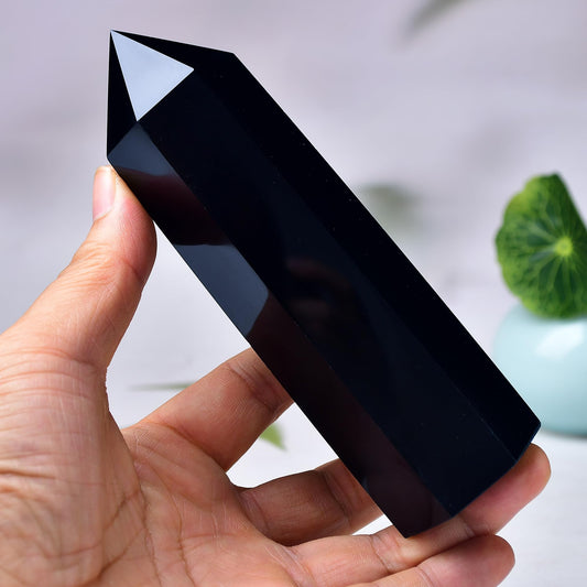 WUYOUSHI Large Black Obsidian Crystal Tower 6" Natural Healing Crystal Wand 6 Faceted Chakra Crystal Point Reiki Meditation Therapy Home Decoration Gift(0.85-1lb)
