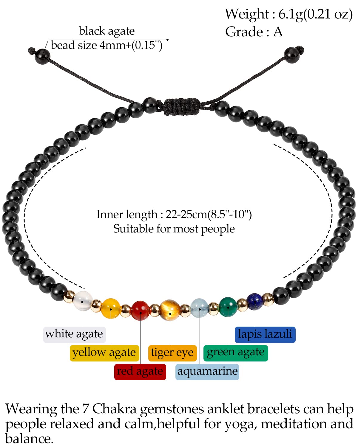 Jewever 7 Chakra Ankle Bracelets for Women Beach Foot Healing Crystals Lava Rock Essential Oils Diffuser Worry Stone Energy Balancing Meditation Yoga gifts (Black Agate)