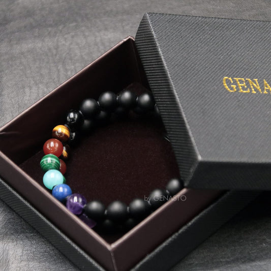 GENASTO Mens Crystal Bracelet, 7 Chakra Bracelet with Real Stones Tigers Eye Obsidan Amethyst Malachite Amazonite Lapis Lazuli Red Agate Beads Bracelets for Multi Healing Protection Balance