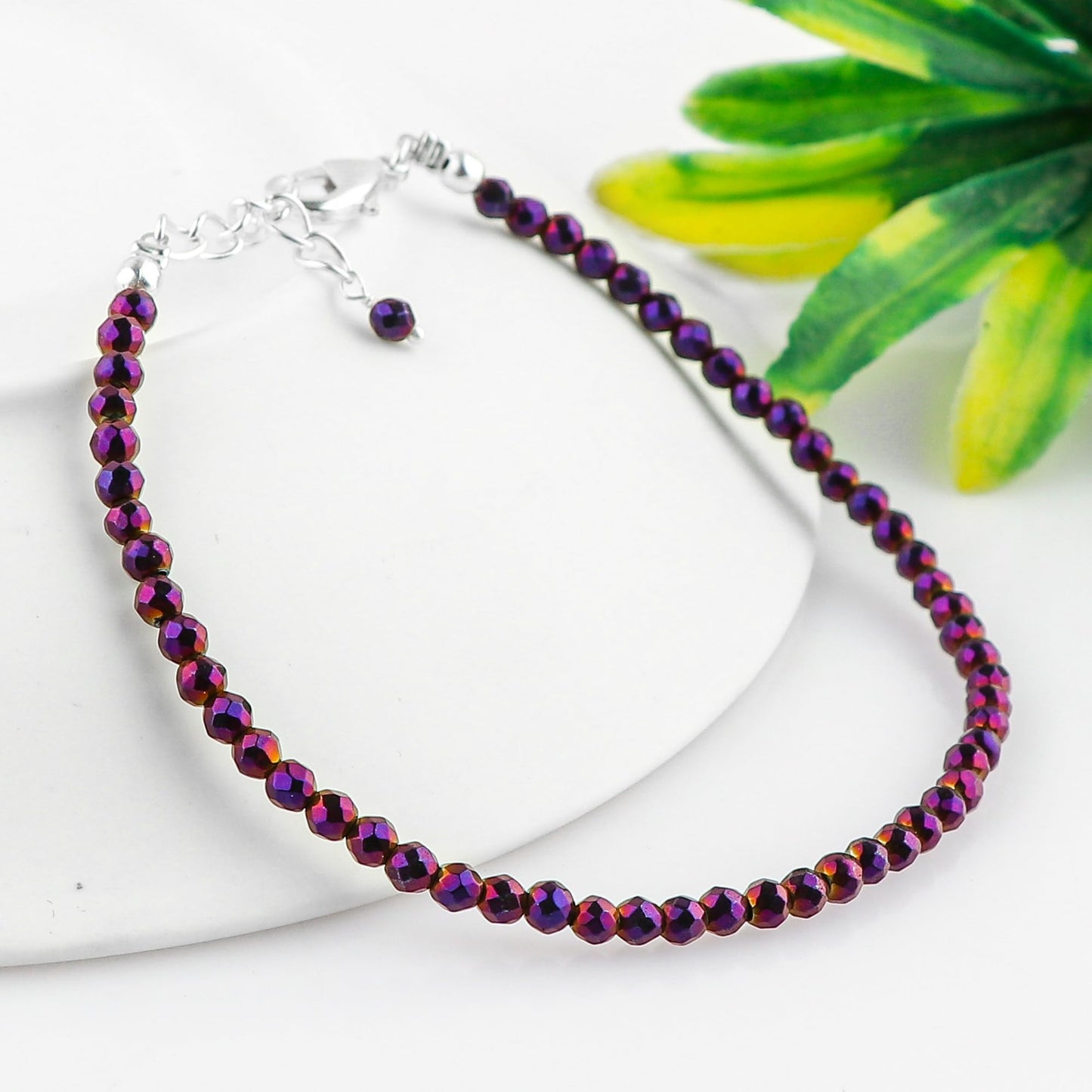 CRYSTALINES Genuine Purple Hametite Gemstone Bracelet, Faceted Beads Stones, Hypoallergenic Handmade Boho Jewelry for Women, Healing Crystals, Adjustable Silver Chain 7+1inch, Birthday Gift