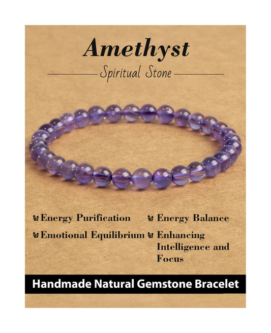 Landorilo Beaded Bracelet for Men Women, 6mm Natural Stone Amethyst Healing Crystal Stretch Bracelets, Ideal Christmas Birthday Jewelry Gifts with Energy Card，Replacement Beads Included
