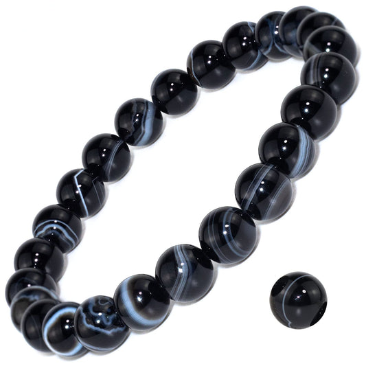 DAZCOLO 8mm Natural Gemstone Stretch Bracelet, Handmade Unisex Crystal Bracelets for Meditation, Yoga, Spiritual Healing & Positive Energy (Black Sardonyx)