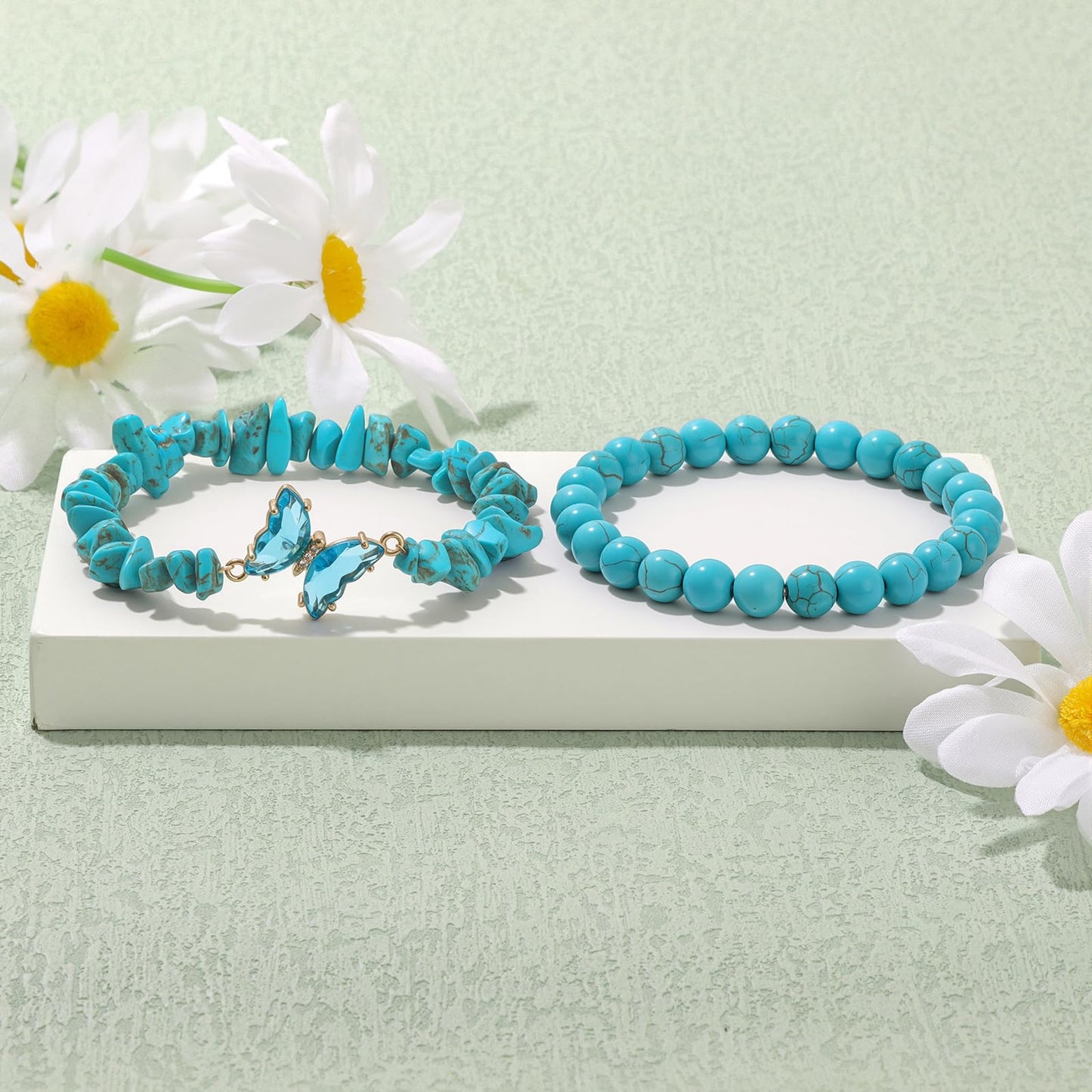 GolbalJew Turquoise Beaded Bracelet for Women Healing Crystal Stone Bracelets Blue Beads Stretch Bracelet Butterfly Charms Jewelry Women Gift