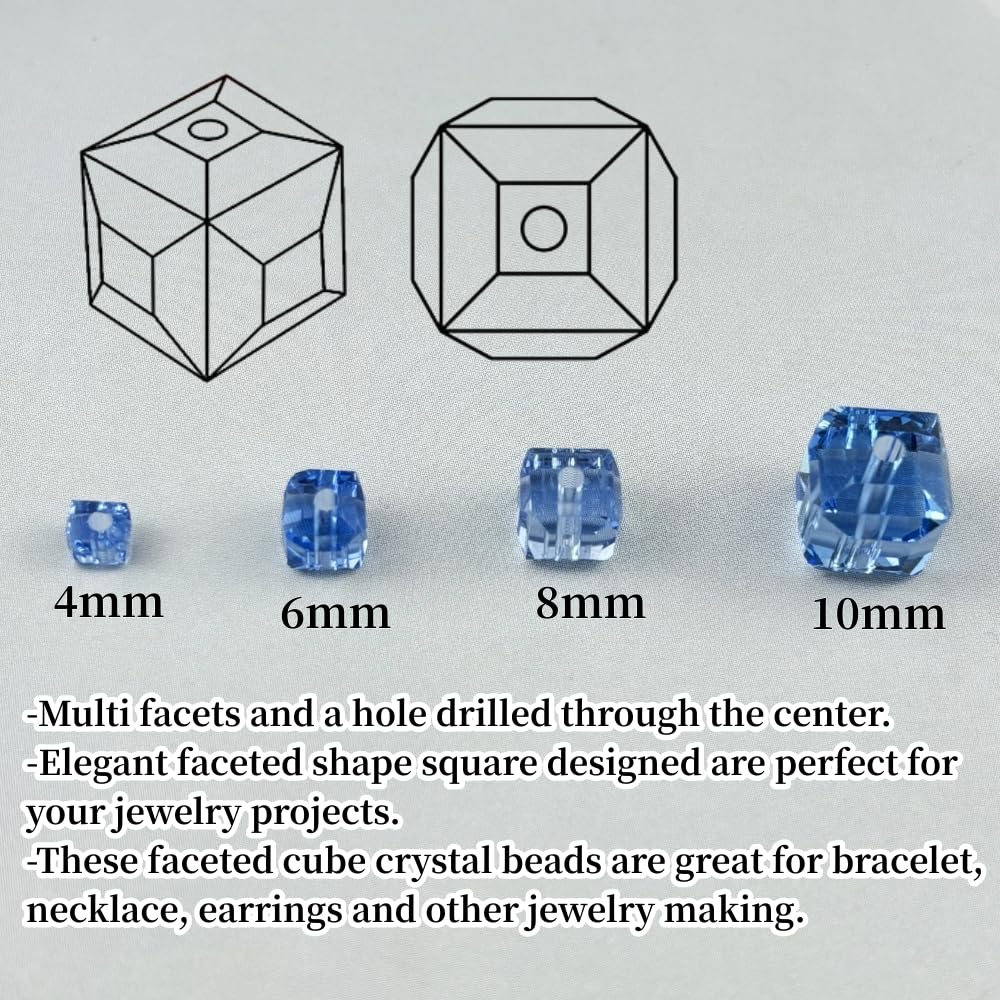 YUEXIGO 100pcs 6mm Cube Crystal Glass Beads for Jewelry Making Faceted Square Crystal Glass Bead Spacer Beads Loose Beads for Bracelet Earring Necklace DIY Craft(Light Blue)