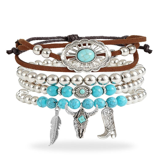 Hclian Western Bracelets for Women Turquoise Beaded Boho Strand Bracelet Stack Adjustable Cowgirl Country Jewelry Set for Women