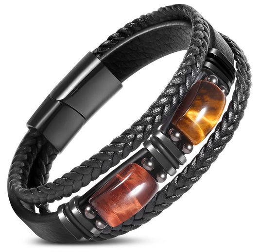 Enjoy Risingsun Tiger Eye Black Leather Bracelet Men Natural Tiger Eye Gemstone Crystal Stone Jewelry Handmade Courage And Stress Relief Protection Bracelet