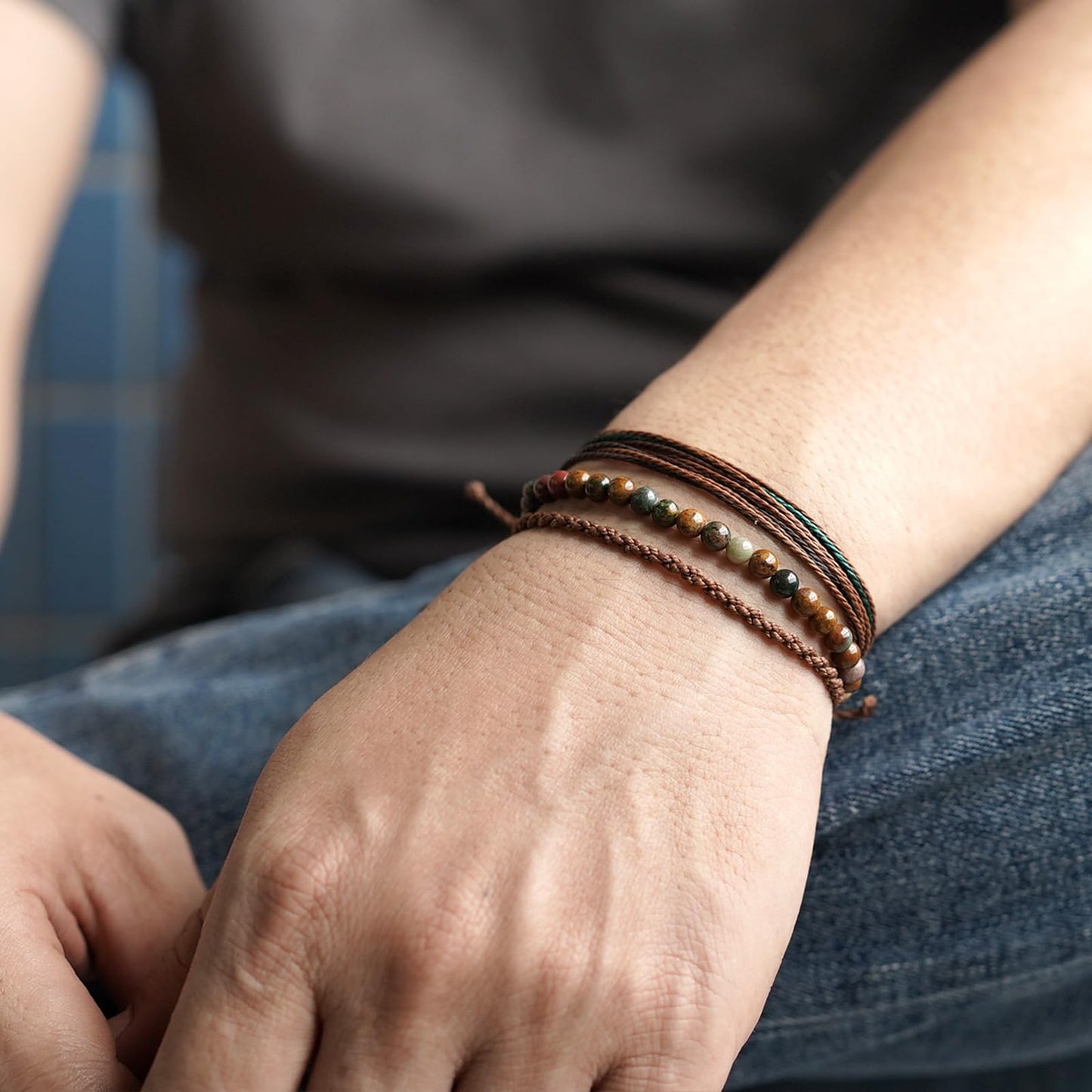 Handmade Natural Stone Beaded Healing Bracelet Gift for Men Adjustable Rope String Bracelet (Ocean Agate, Adjustable)