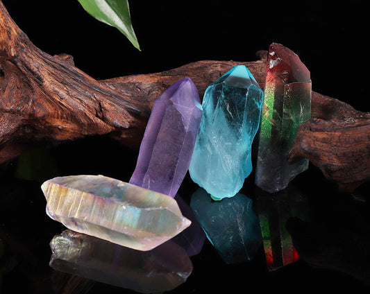 JIC Gem 4 pcs Auqa Aura, Angel Aura, Angel Amethyst, Tourmaline Healing Crystal Single Point Wand Natural Gemstone Polished Tumbled Stone or Crystal Healing, Reiki, and Home Decor