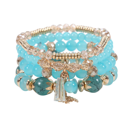 LOTSOF Bohemian Green Jade Stackable Bracelet Set - 4-Layer Stretch Beaded Bracelets with Gold Accents, Boho Jewelry for Women, Fashion Statement Accessory (Gift Ready) (Lake Blue)