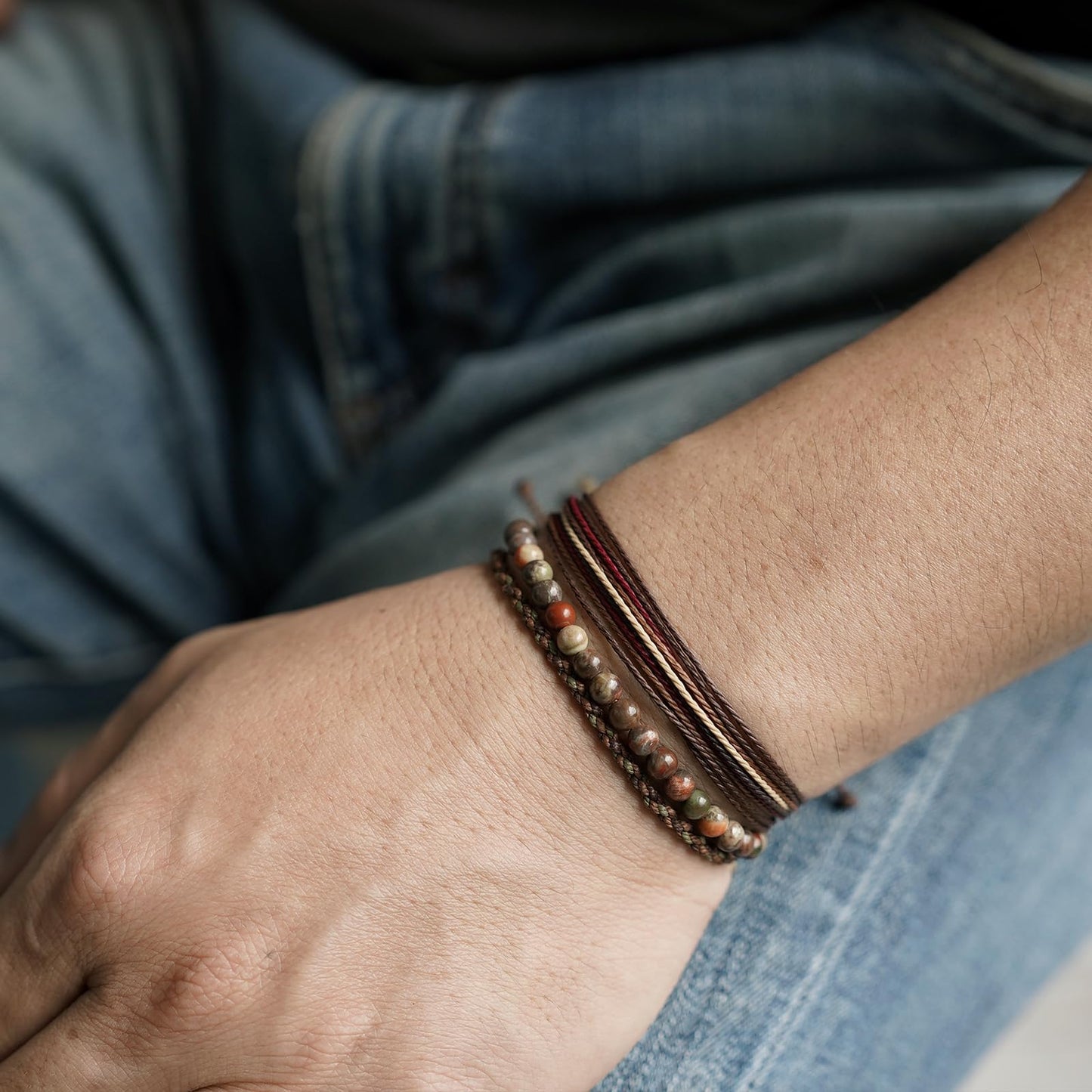 Handmade Natural Stone Beaded Healing Bracelet Gift for Men Adjustable Rope String Bracelet (Flower-Agate, Adjustable)