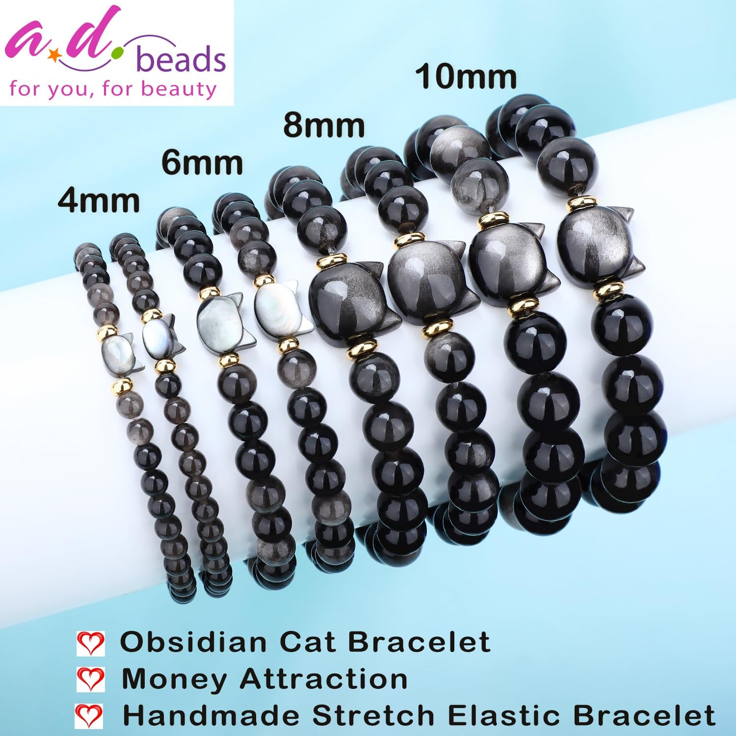 AD Beads 10mm Handmade Obsidian Cat Bracelet Elastic Bracelet – Natural Gemstone for Money Attraction – Meditation, Yoga, Healing and Energy Gift for Men Women