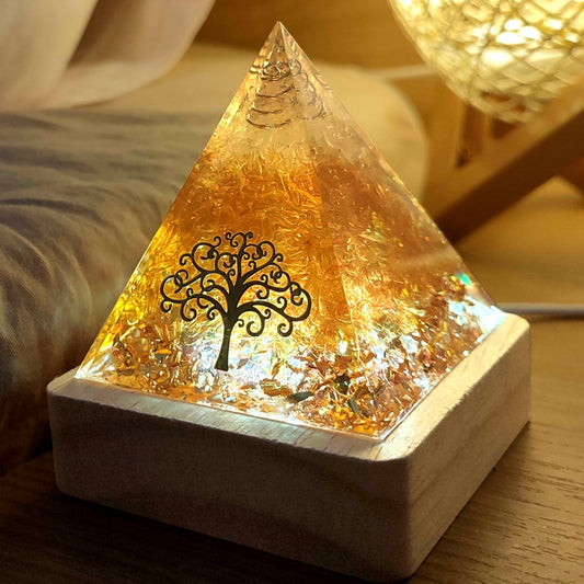XQIGI Citrine Meditation Orgone Pyramid with Light Base– with Tree of Life – Ideal Chakra Crystal for Optimism Positivity Financial Abundance Luck Wealth Succes