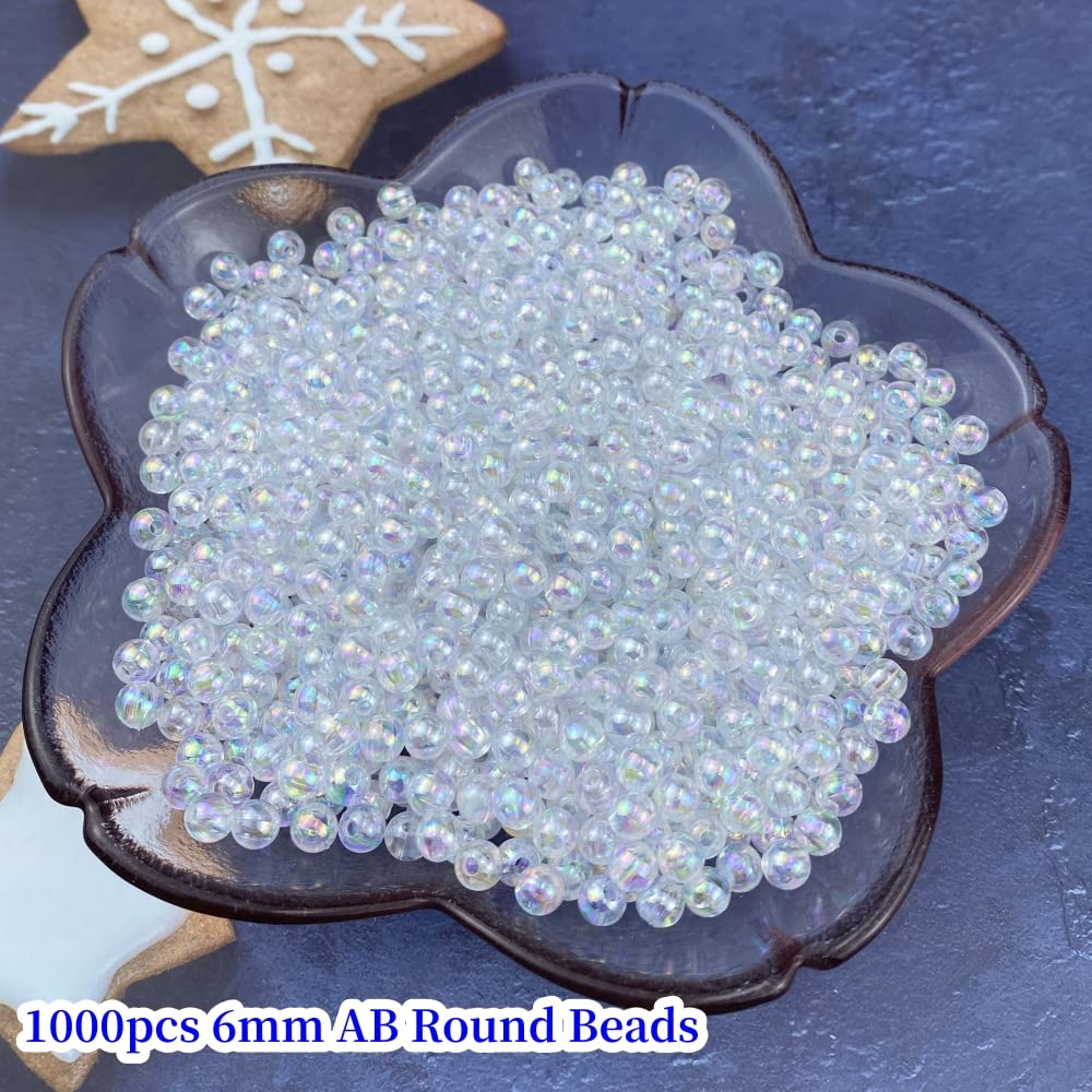 1000 Pcs 6mm Acrylic Round Beads AB Colors Round Spacer Beads for Earring Bracelet Necklace Key Chains Jewelry DIY Craft Making(Clear AB)