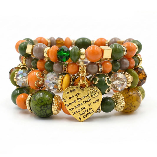 Ysenchan Bohemian Bracelet Set for Women, 4 Pcs Beaded Stackable Bracelets with Heart Charm, Stretch Bracelets, Boho Jewelry Gift – [DarkColor]