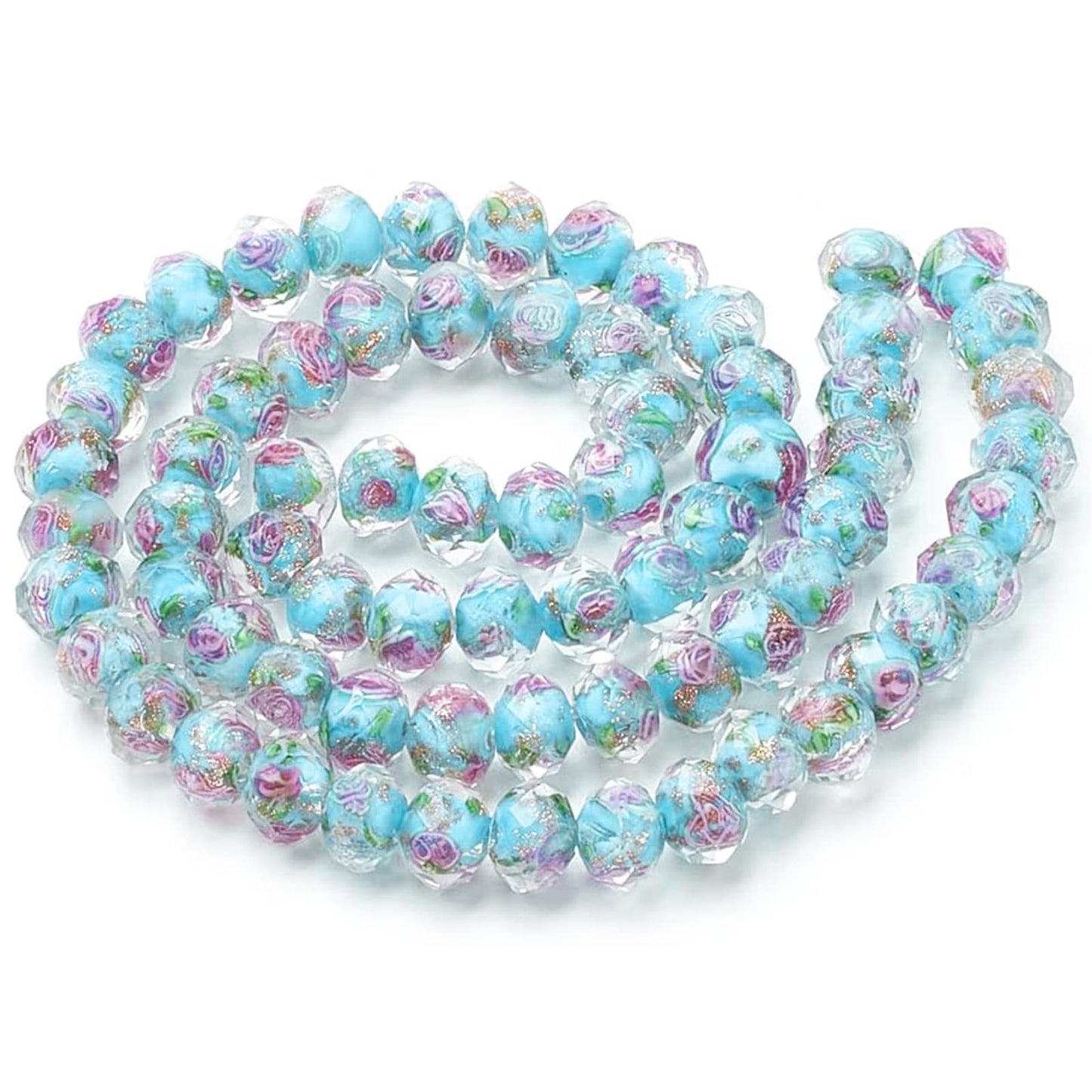 PH PandaHall 60pcs 9~10mm Blue Rose Lampwork Beads Gold Sand Glass Beads Flower Glass Beads 1.5~2mm Hole Floral Handmade Lampwork Beads Round Loose Beads for Rosary Making Jewelry Craft Making