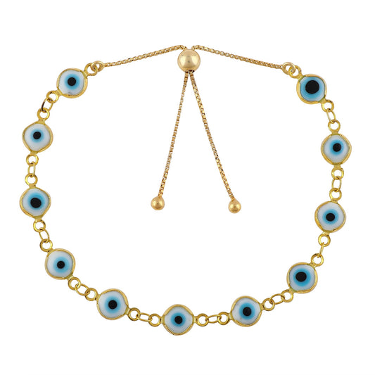 CRYSTALINES Genuine Evil Eye Onyx Gemstone Bolo Bracelet, 14K Gold Plated Link Chain Bracelet, Handmade Jewelry, Healing Crystals, Adjustable Chain, Spiritual Christmas Gift for Women