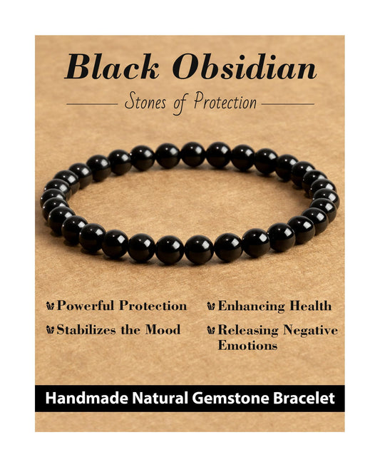 Landorilo Beaded Bracelet for Men Women, 6mm Natural Stone Black Obsidian Healing Crystal Stretch Bracelets, Ideal Christmas Birthday Jewelry Gifts with Energy Card，Replacement Beads Included