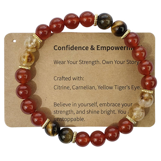 Handmade Natural Gemstone Stretch Elastic Bracelet Healing Crystal Jewelry Bracelet for Confidence & Empowerment 8mm Beaded Bracelet Gift for Women Men Valentines Day (Citrine, Carnelian, Yellow Tigers Eye)