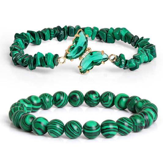 GolbalJew Malachite Stone Bracelet for Women Healing Crystal Stone Bracelets Green Gemstone Beads Stretch Bracelet Butterfly Charms Jewelry Women Gift