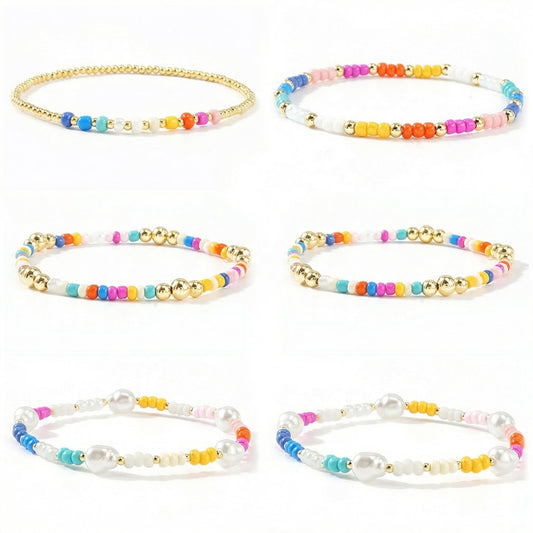 Bohxantium Gold Beaded Bracelets for Women Stack - Boho 14K Gold Plated Stretch Stackable Bracelets Set Pearl Colorful Seed Beads Trendy Dainty Jewelry Summer Beach Jewelry Gift