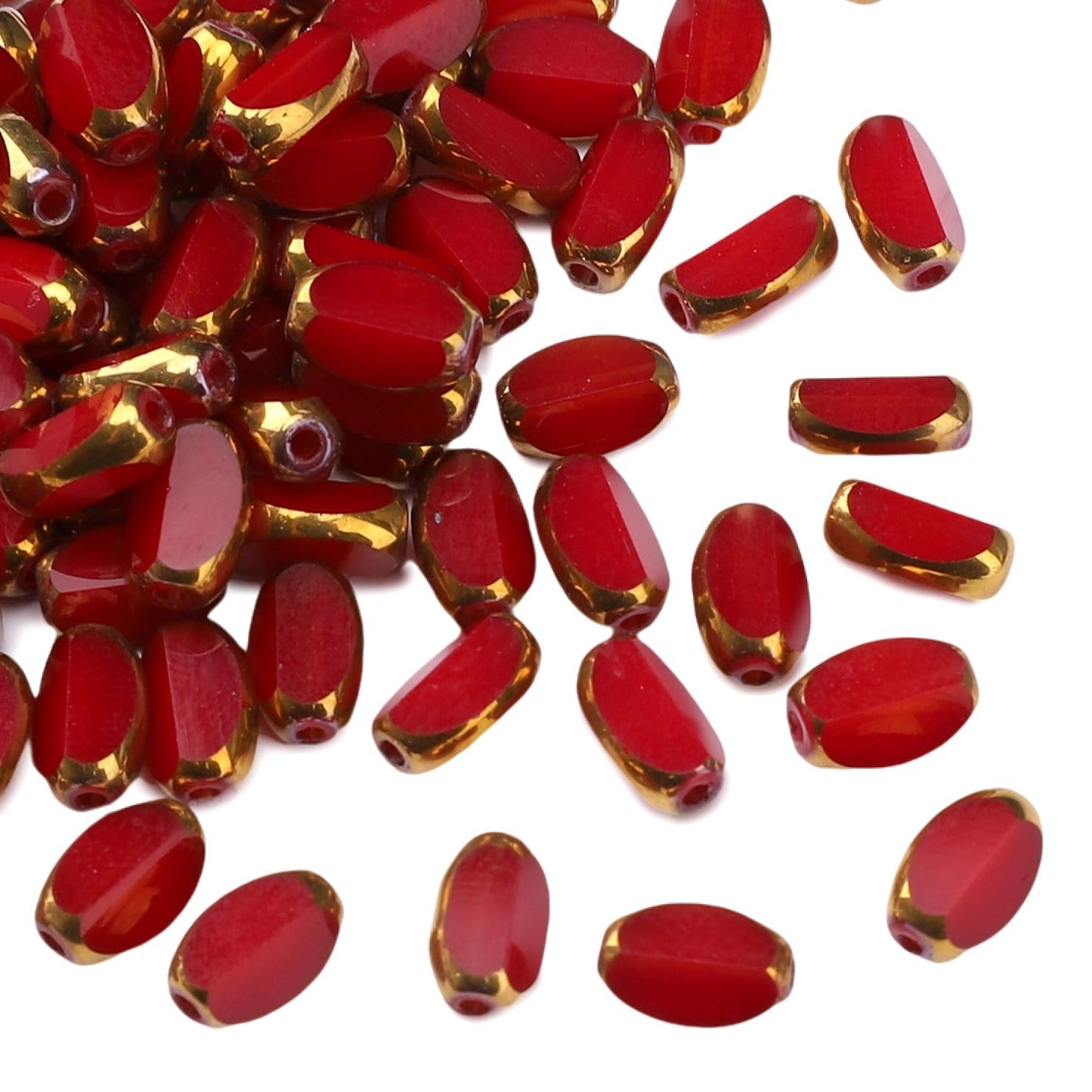 DADIFEN Glass Rice Beads Red 4x6mm 50pcs Faceted Oval Golden Edge Crystal Loose Beads for DIY Craft Jewelry Making