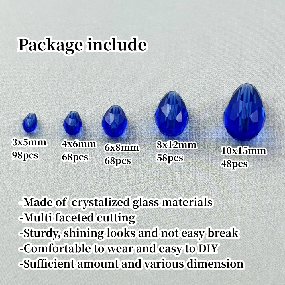 Xinhongo 340pcs Teardrop Crystal Glass Beads 3x5mm 4x6mm 6x8mm 8x12mm 10x15mm Vertical Hole Faceted Glass Spacer Beads for Necklace Bracelet Earrings DIY Jewelry Crafts(Blue)