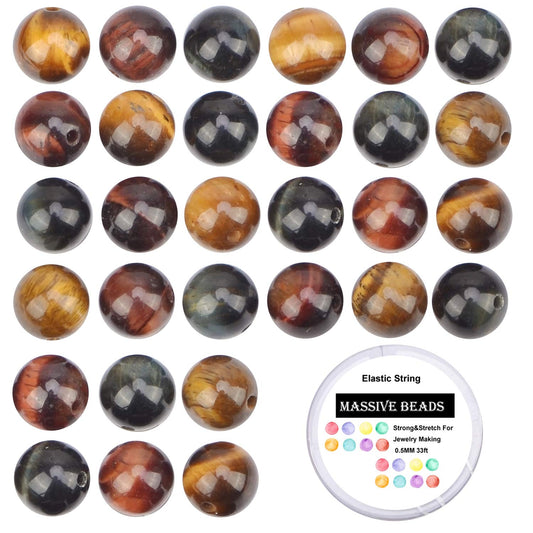 80Pcs Natural Crystal Beads Stone Gemstone Round Loose Energy Healing Beads with Free Crystal Stretch Cord for Jewelry Making (Multi-Color Tiger Eye3, 10mm)