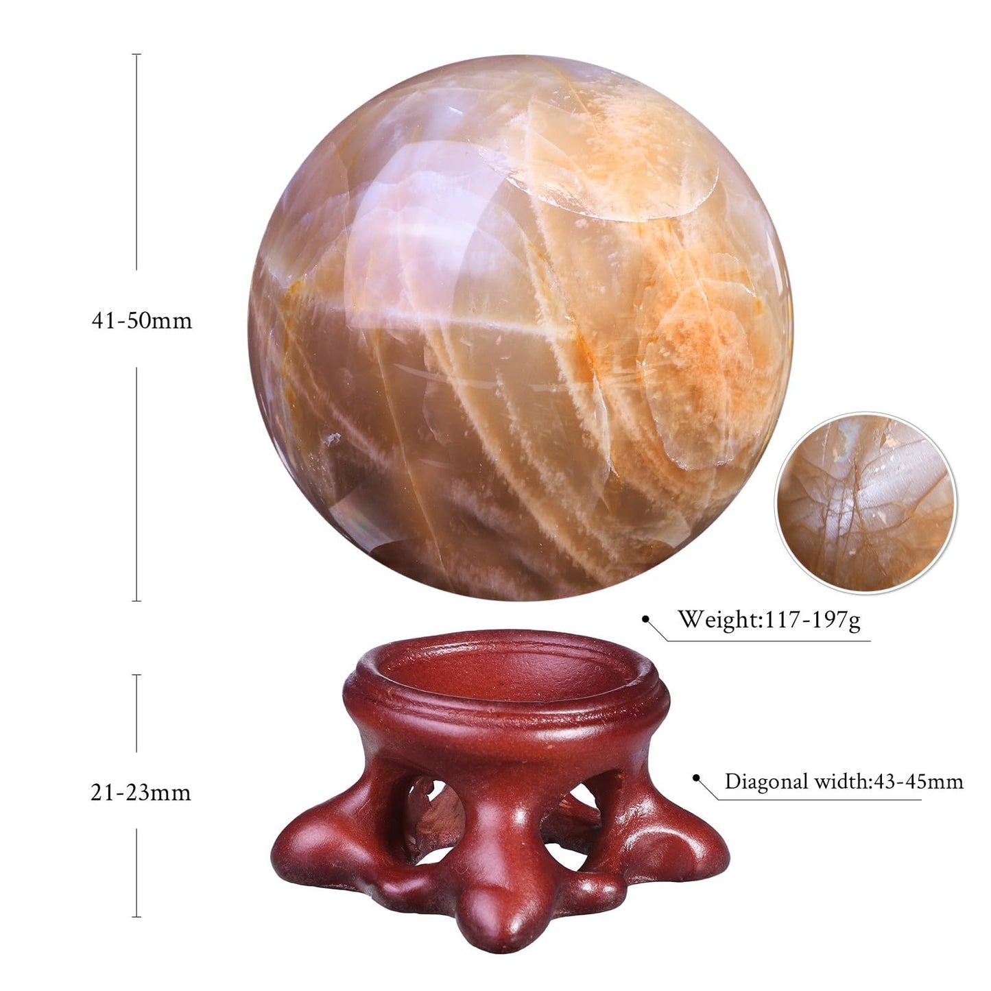 Nupuyai Natural Orange Moonstone Crystal Ball with Resin Stand, Healing Crystal Sphere for Home Decor 1.61"-1.97"(41mm-50mm)