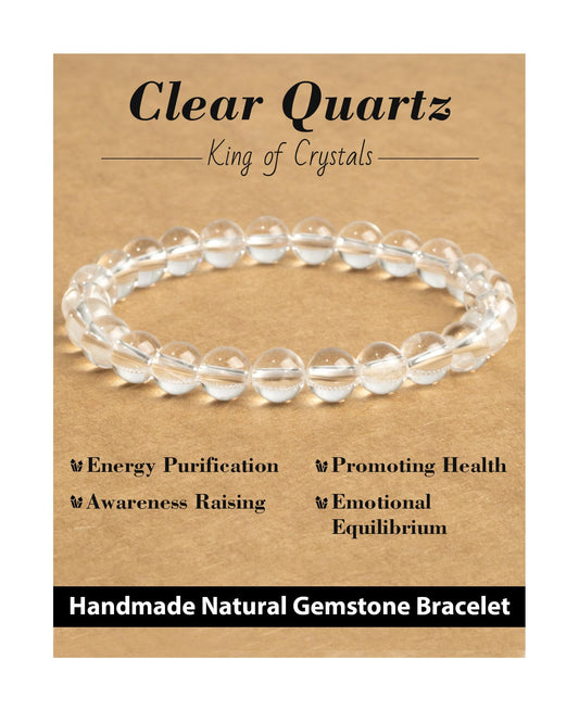 Landorilo Beaded Bracelet for Men Women, 8mm Natural Stone Clear Quartz Healing Crystal Stretch Bracelets, Ideal Christmas Birthday Jewelry Gifts with Energy Card，Replacement Beads Included