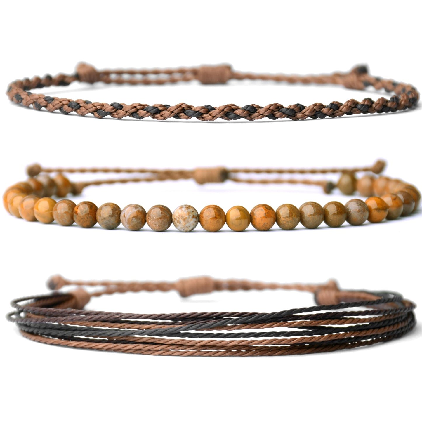 Handmade Natural Stone Beaded Healing Bracelet Gift for Men Adjustable Rope String Bracelet (wooden jasper, Adjustable)