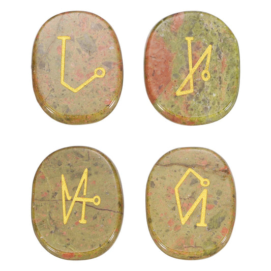 MECCANIXITY 4Pcs Engraved Chakra Stones with Reiki Symbols, Green Jasper Reiki Healing Crystal Gemstone 7 Chakra Crystal Stones Tumbled Palm Stone for Anxiety Relieve