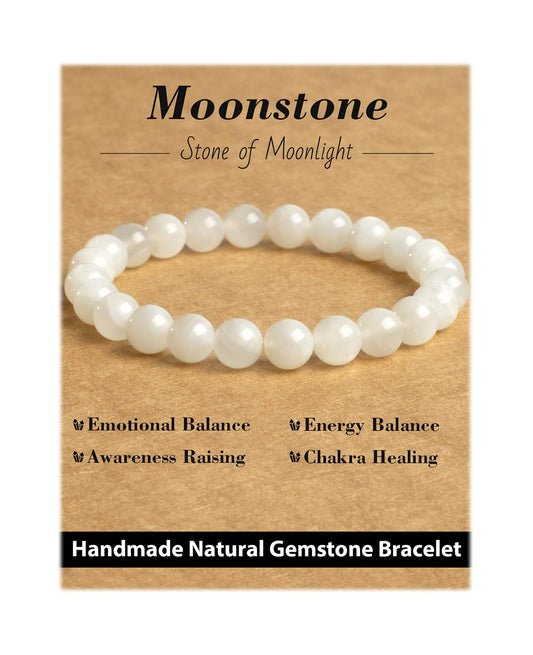 Landorilo Beaded Bracelet for Men Women, 8mm Natural Stone Moonstone Healing Crystal Stretch Bracelets, Ideal Christmas Birthday Jewelry Gifts with Energy Card，Replacement Beads Included
