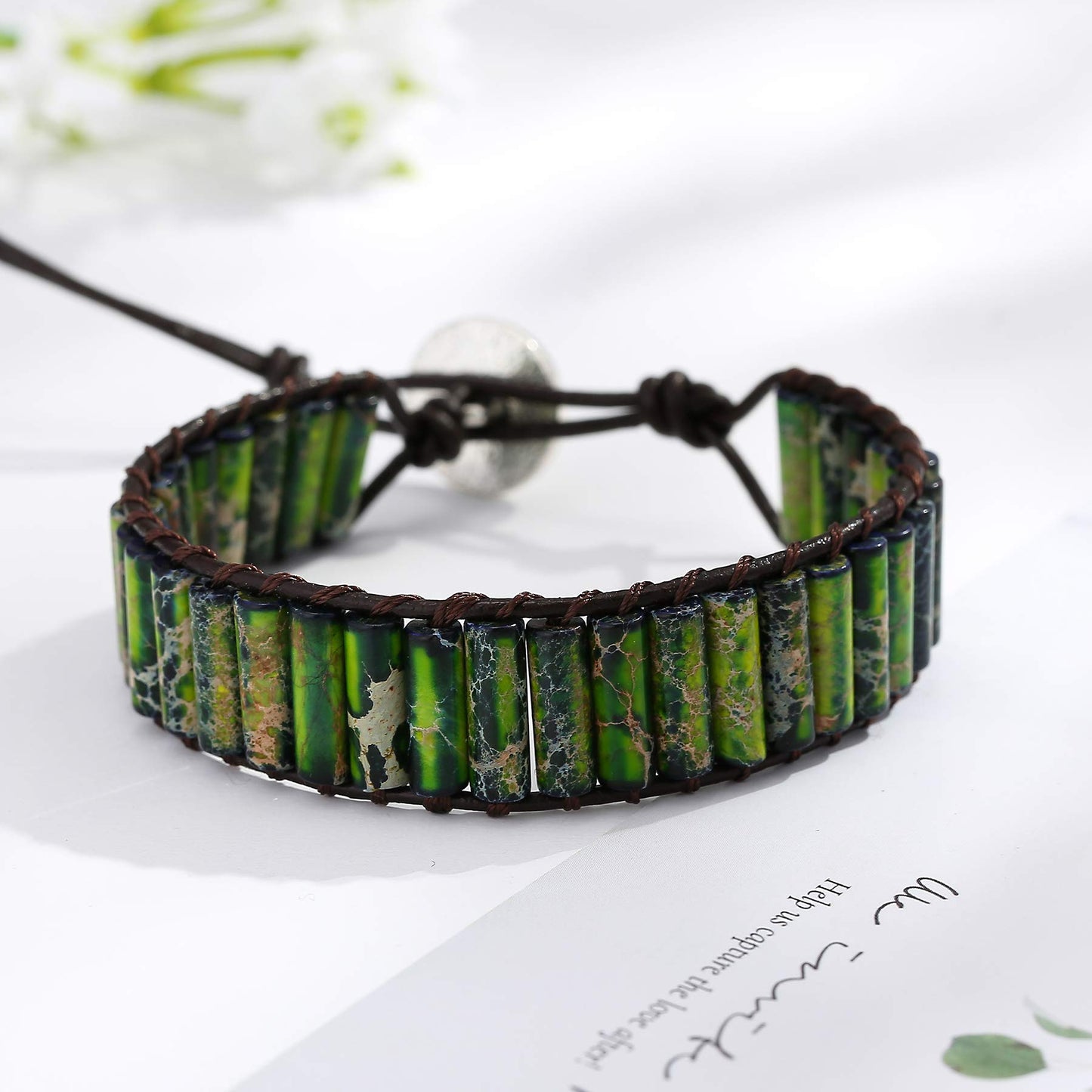 Plumiss Boho Handmade Green Imperial Jasper Bead Wrap Bracelet for Women Men