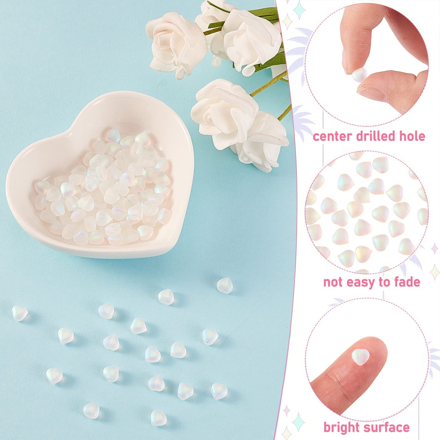 UR URLIFEHALL 100 Pcs Transparent Spray Painted Glass Beads AB Color Plated Frosted Heart Beads for DIY Necklaces Bracelets Jewelry Making