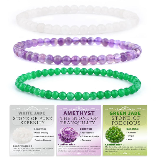 CMBYN 3-Pieces 4mm Natural Crystal Gemstone – ﻿Amethyst, Green Jade, White Jade Handmade Reiki Energy Healing Stretch Bracelets Jewelry for Yoga, Meditation, Unisex