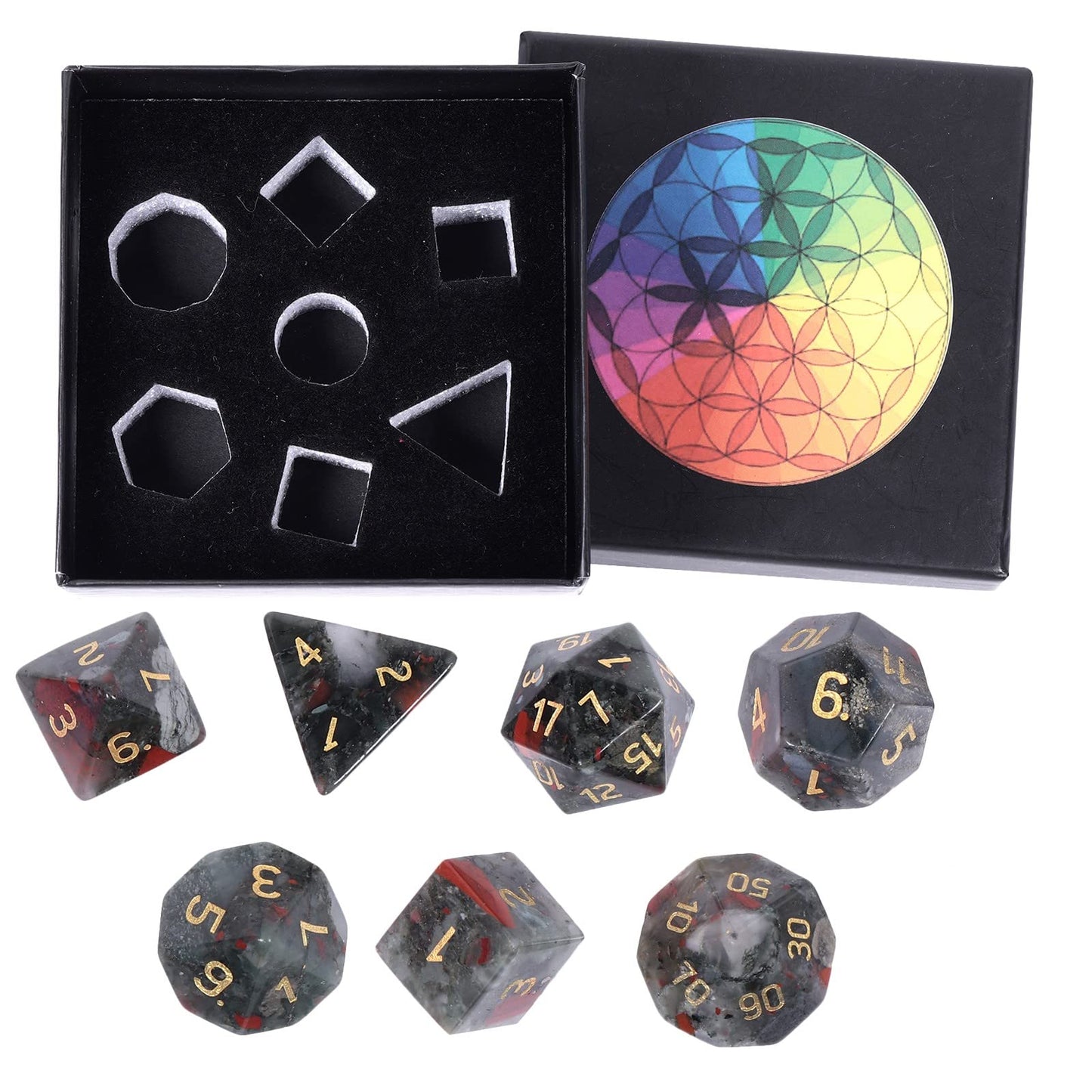 mookaitedecor 7 PCS Africa Bloodstone Crystal Polyhedral DND Dice Set, Polished Tumbled Stones Dices for RPG MTG Table Games Home Decoration