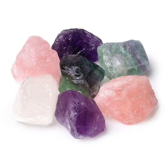 LAIDANLA 1lb 2" Rose Quartz Fluorite Amethyst Clear Quartz Set Natural Rough Stones Crystal Raw Crystals Bulk Healing Gemstones for Reiki Healing Tumbling Fountain Rocks