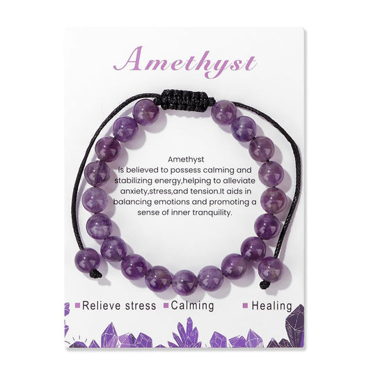 Lit Wall Amethyst Bracelet 8mm Handmade Adjustable Purple Beaded Healing Crystal Bracelet for Women