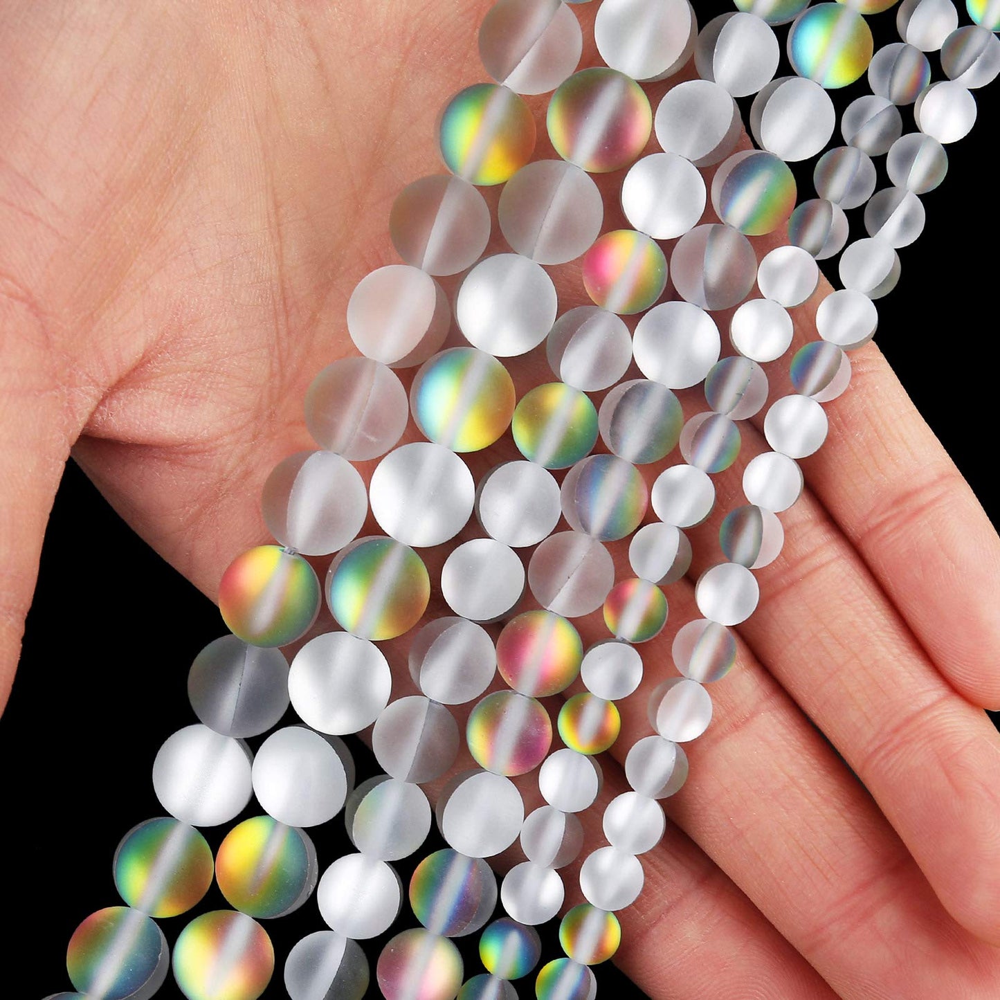 Matte Vitrail Medium Aurora Crystal Glass Beads, 8MM Frosted Glitter Shining Mermaid Round Loose Beads, Rainbow Holographic Synthetic Moonstone for Jewelry Making DIY Bracelet