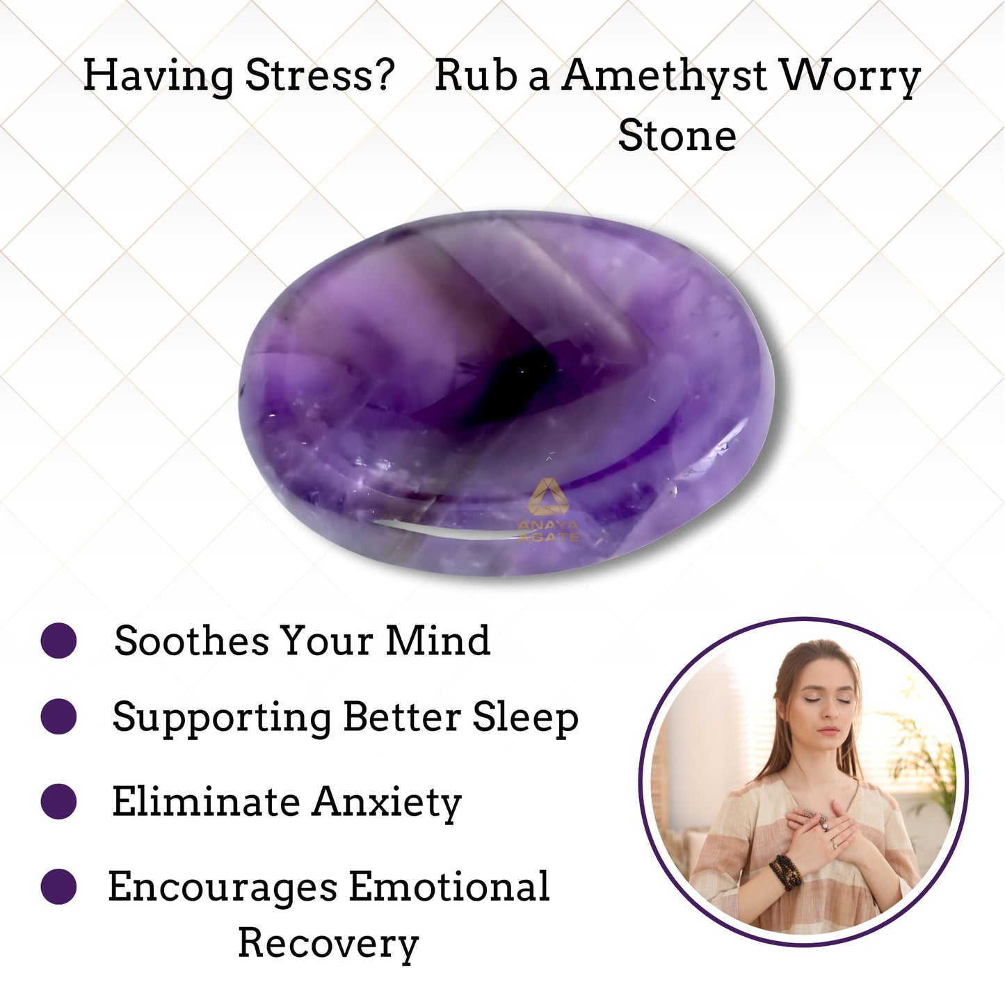 Anaya Agate Amethyst Worry Stones Certified Crystal Thumb Worry Stone for Anguish, Relaxing and Soothing Balance Stones for Meditation, Stress Relief Crystals and Healing Stones for Men, Women