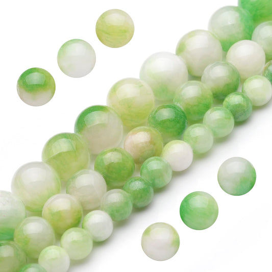 Youngbling Natural Gemstone Beads for Jewelry Making,8mm Green White Jade Polished Round Smooth Stone Beads for Bracelet Necklace 15 Inch