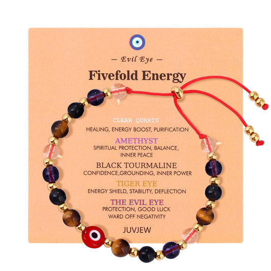 Cute Evil Eye Bracelet Red Black - Natural Crystal Protection Adjustable Spiritual Guardian Jewelry- 5 Healing Stones Clear Quartz Amethyst Black Tourmaline Tiger Eye Bracelet Adjustable (Red Eye-Red Rope)