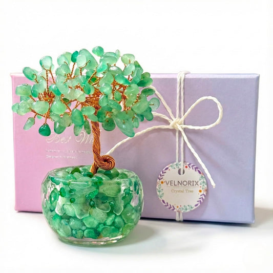VELNORIX Green Aventurine Crystal Tree of Life - Natural Gemstone Feng Shui Bonsai - Healing Crystals Decor for Office, Attract Luck & Opportunity - Spiritual Gifts for Men & Women (Green)