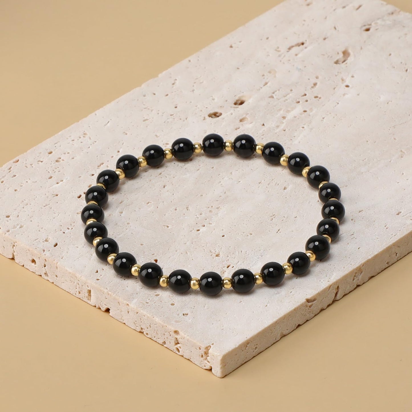 QOGIR Black Onyx - Protecting and Grounding - 14K Gold Plated Beads Natural Gemstone Stretch Elastic Dainty Healing Beaded Bracelets Gifts 6mm