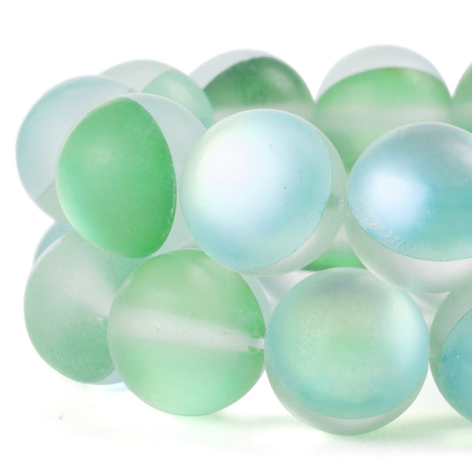 RUBYCA 10mm Round Moonstone Matte Crystal Glass Beads Aura for Jewelry Making Green, 1 Strand