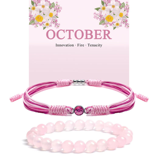 Crgwxzl October Birthstone Bracelets for Women Men,Healing Crystal Protection Stone Rose Quartz Beads Bracelet,String Wrap Zodiac Month Bracelets Birthday Jewelry Gifts