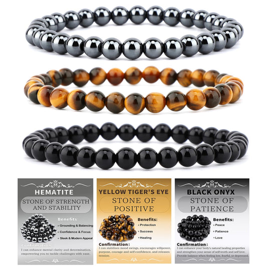 NCB 3-Piece 6mm Natural Crystal Gemstone Stretch Bracelets – ﻿Black Onyx, Hematite, Yellow Tiger's Eye Handmade Reiki Energy Healing Jewelry for Meditation,Yoga, Unisex