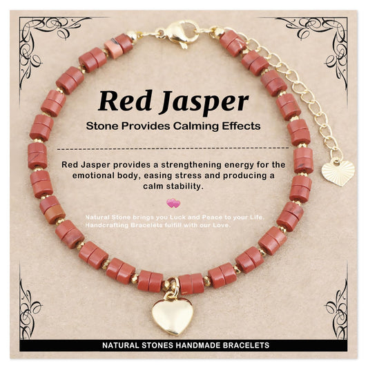 Natural Gemstone Healing Crystal Red Jasper Dainty Charms Heart Bracelet Adjustable Chain Extender Minimalist Jewelry